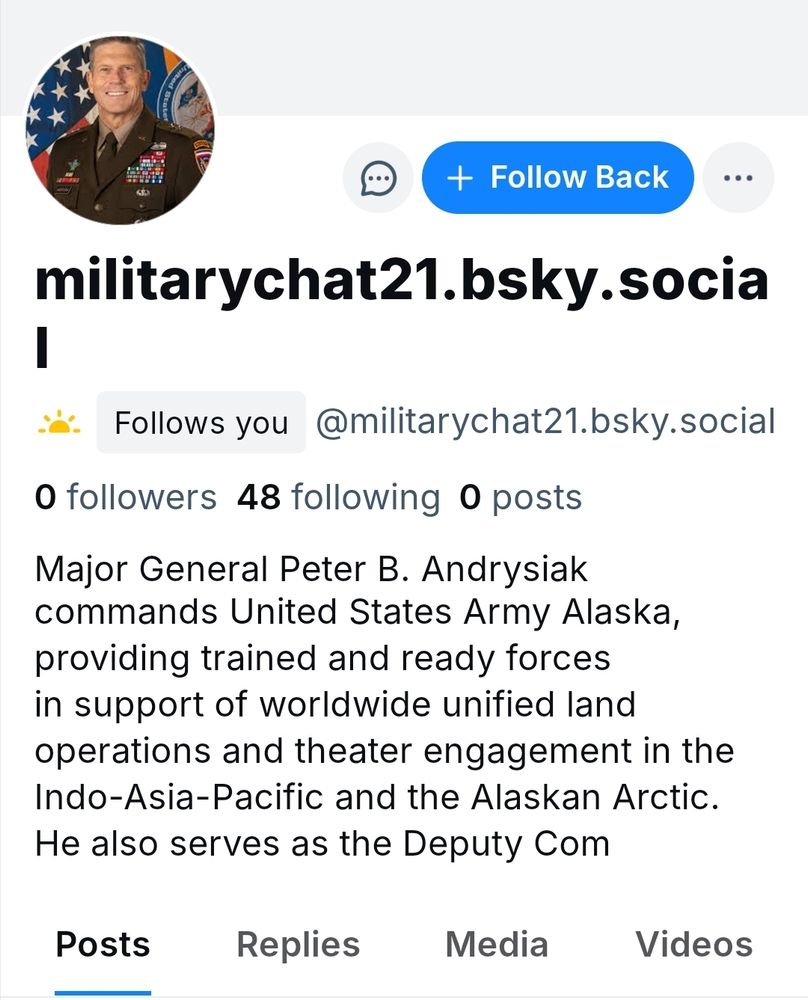 A screenshot of a bluesky account bio for militarychat21. It lists the name and accomplishments of major general Peter andrysiak. It is almost certainly a bot of some kind. 