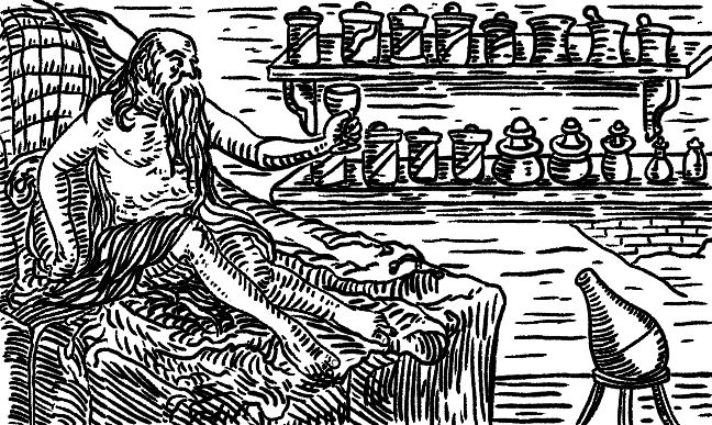 A medieval woodcut style drawing of an old wizard covered in his long hair and beard. He declines on a sitting bed, holding out a cup of wine. The shelves near him are full of jars and odd containers. 