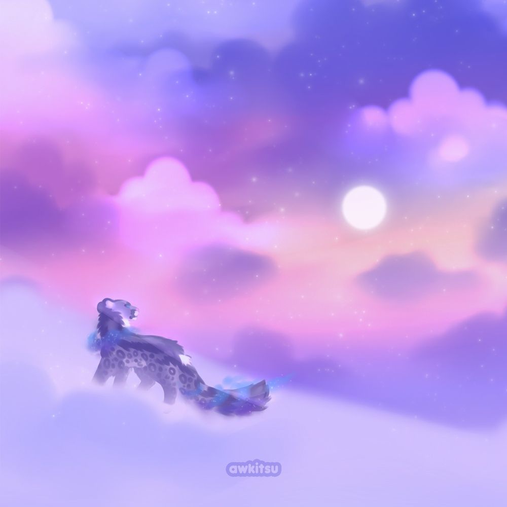 Digital painting of an original snow leopard character standing on a snowy mountain peak, gazing at a colorful sunrise. The artwork features bright, pastel colors of pinks, purples, and oranges with a soft, painterly style. The snow leopard has light fur with darker spots, and soft clouds of blue and purple stardust surrounding his neck and tail.