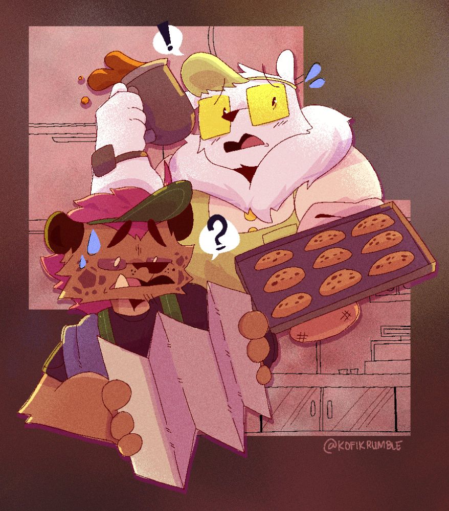 Alfonz - a polar bear, holding a tray of cookies and a canister; and Ralister - a spotted hyena, holding what seems to be a comically large user manual for the equipment struggles on their first day as baristas at a small cafe in town.

They might need to find a different line of work.