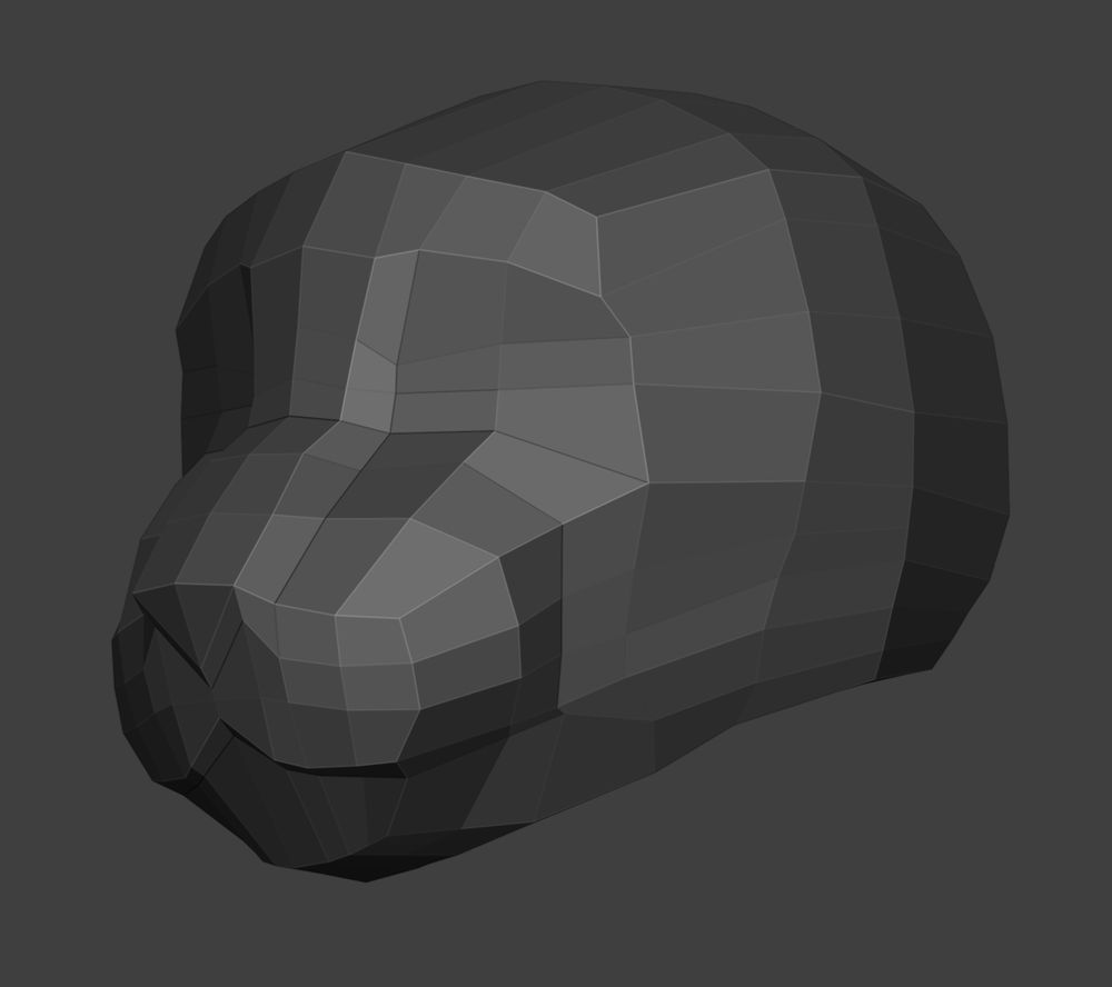 Crude 3D blocking of an anthro cat head, in gray.