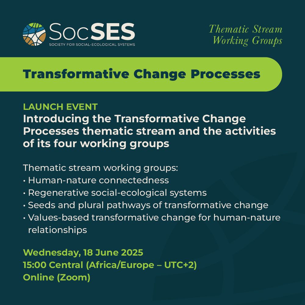 Join the launch of the Transformative Change Processes thematic stream on Wednesday, 18 June 2025, at 15:00 (Central African/European Time – UTC+2). Register to attend.

The launch event will provide an introduction to the thematic stream, as well as to the activities of its four working groups:
• Human-nature connectedness
• Regenerative social-ecological systems
• Seeds and plural pathways of transformative change
• Values-based transformative change for human-nature relationships