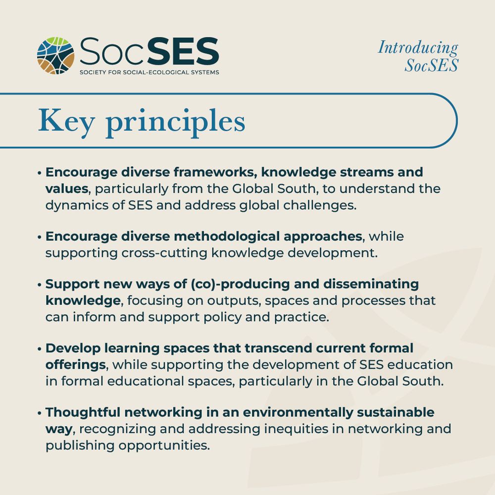 Key Principles:

Encourage diverse frameworks, knowledge streams and values, particularly from the Global South, to understand the dynamics of SES and address global challenges.

Encourage diverse methodological approaches, while supporting cross-cutting knowledge development.

Support new ways of (co)-producing and disseminating knowledge, focusing on outputs, spaces and processes that can inform and support policy and practice.

Develop learning spaces that transcend current formal offerings, while supporting the development of SES education in formal educational spaces, particularly in the Global South.

Thoughtful networking in an environmentally sustainable way, recognizing and addressing inequities in networking and publishing opportunities.