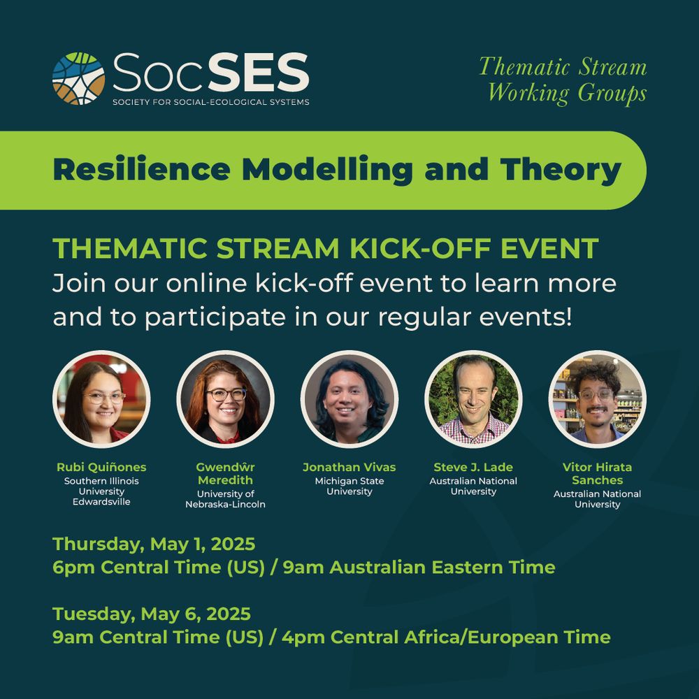 SocSES Thematic Stream

Resilience Modelling and Theory thematic stream online kick-off event:
Join our online kick-off event to learn more and to participate in our regular events!

Thursday, May 1, 2025
6pm Central Time (US) / 9am Australian Eastern Time

Tuesday, May 6, 2025
9am Central Time (US) / 4pm Central Africa/European Time