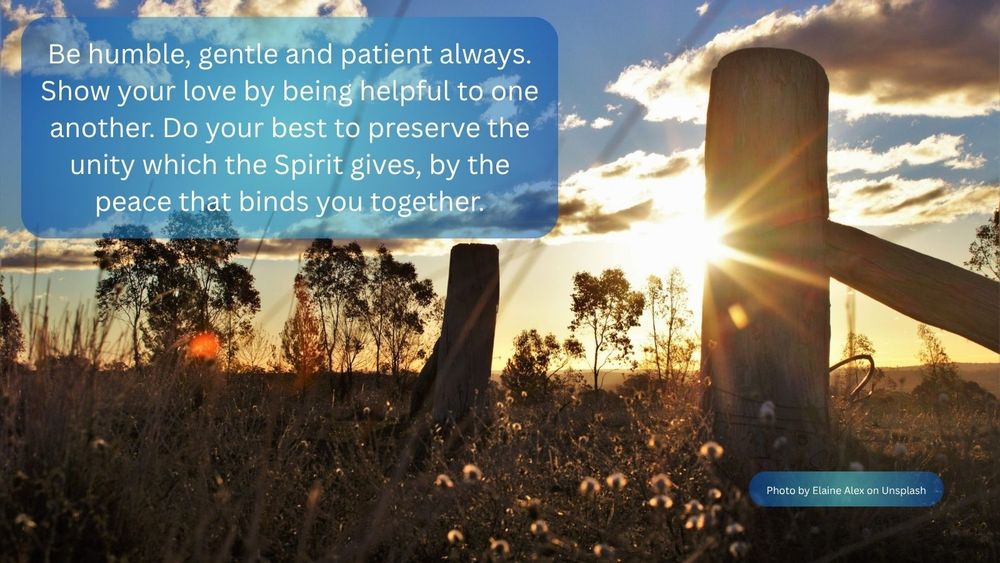 A low, bright sun shining on the fence post in a field of wild flowers. The text reads: “Be humble, gentle and patient always. Show your love by being helpful to one another. Do your best to preserve the unity which the Spirit gives, by the peace that binds you together.” 
