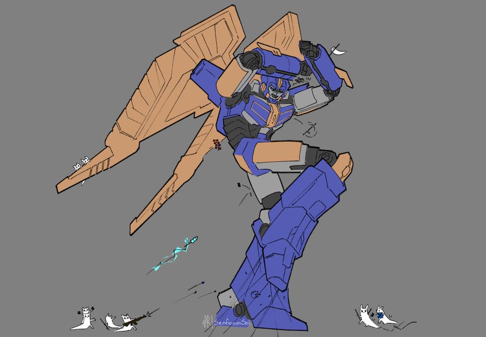 A drawing of Sentinel Prime from Transformers: One getting attacked by Slugcats from Rain World. He is posed in a defensive manner, while slugcats congregate around his feet. Two are latched onto a wing, and another swings from a spear lodged in his forearm. One slugcat wields a joke rifle. Another slugcat is bringing in a singularity bomb.