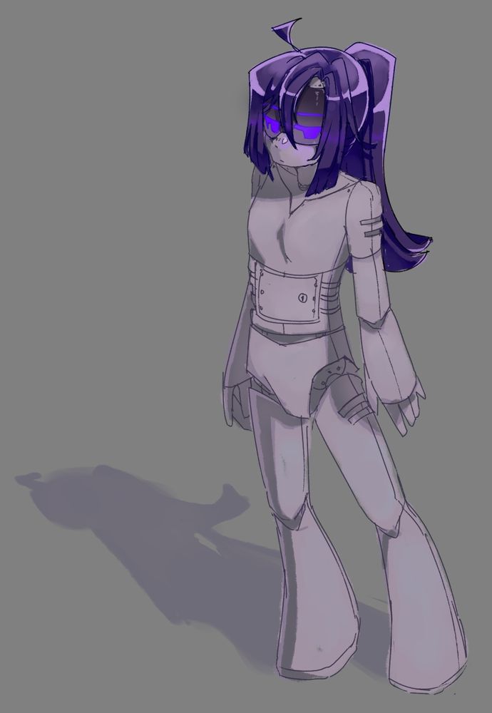 a drawing of a humanoid robot standing & looking up. their body is white & they have a black visor with indigo led eyes. they have dark purple hair.