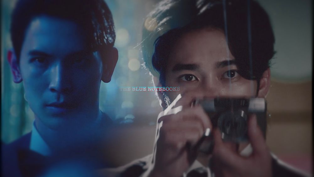 two-shot of krailert, lit blue, looking at naran, who's just taken a picture of him. faint courier text reads "THE BLUE NOTEBOOKS"