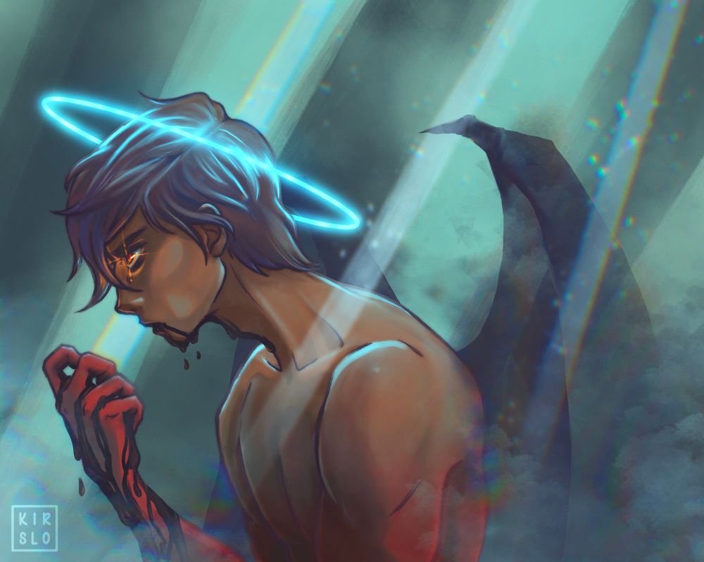 A serious man looks to the left with his fist up, the skin dyed red. Inky black liquid drips through his fingers and out of his mouth. His eyes glow golden, and a blue halo of light encircles his head. Shadowy black demon wings extend from his back, fading into a misty background.