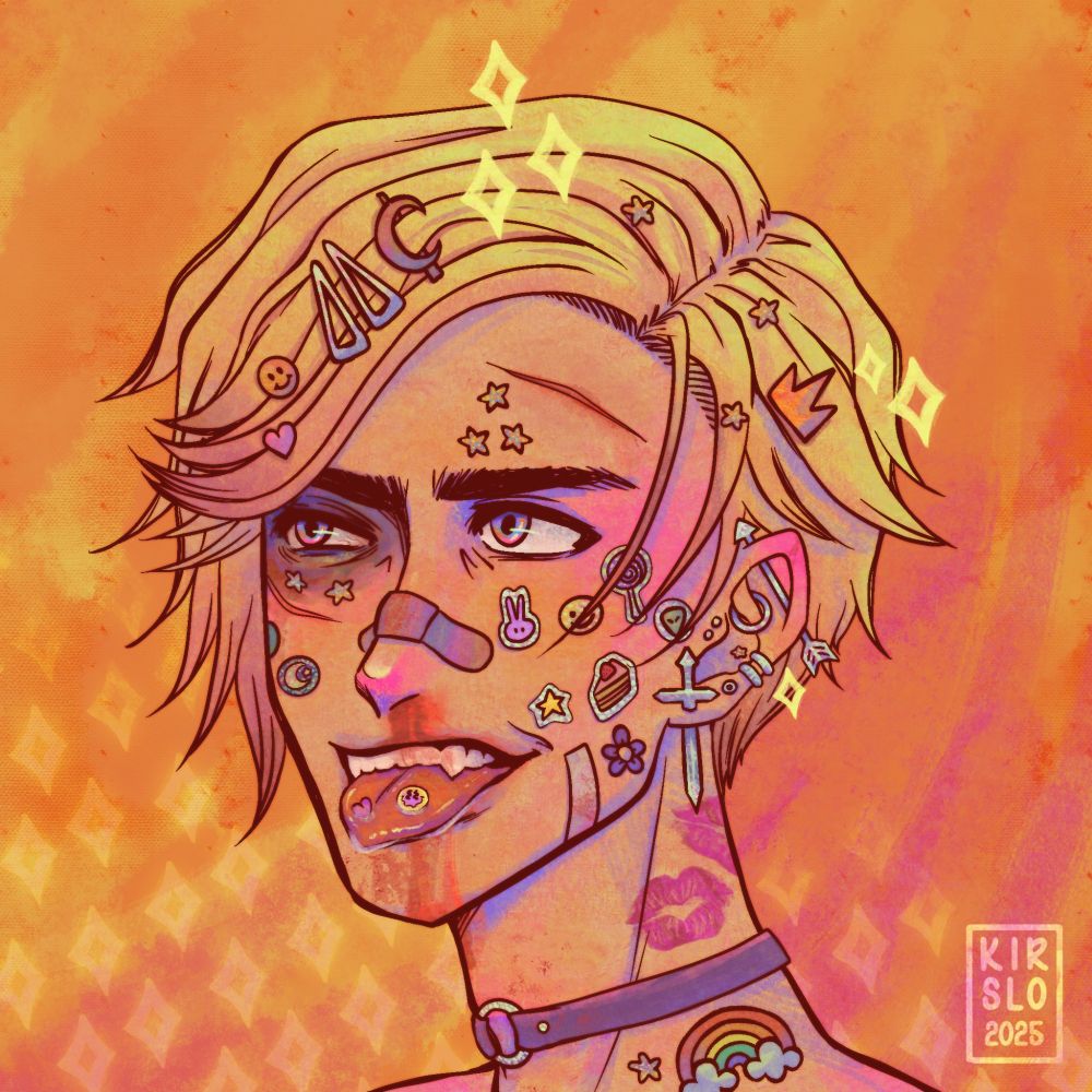 Orange and pink digital portrait of a young man with blonde hair, lots of hair accessories, multiple ear piercings, and stickers on his face. He also has a bloody nose, a black eye, and cuts on his forehead and cheek.