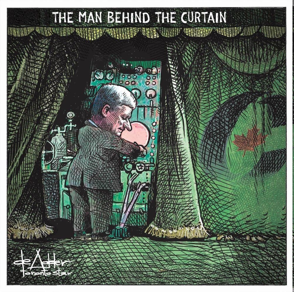 CREDIT, Michael deAdder
'The Man Behind the Curtain'
Former PM Harper hidden behind a curtain marked with the Conservative Party logo. He is pulling levers and pushing buttons.