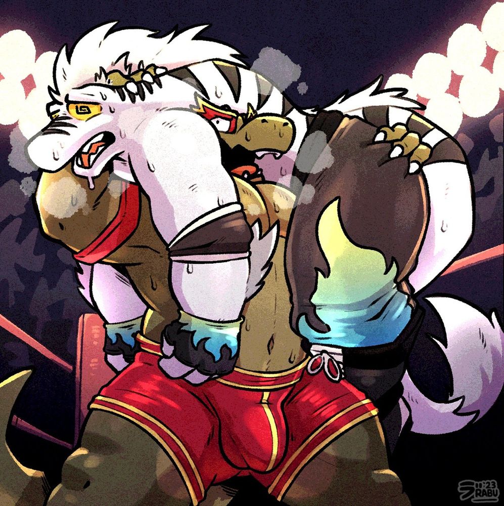 Kallan "The King" Hayes has Devin "Razorclaw" Galloway in a fireman's carry in the wrestling ring. Devin's got spirals for pupils in his eyes, showing that Kallan is twirling Devin around while holding onto him.