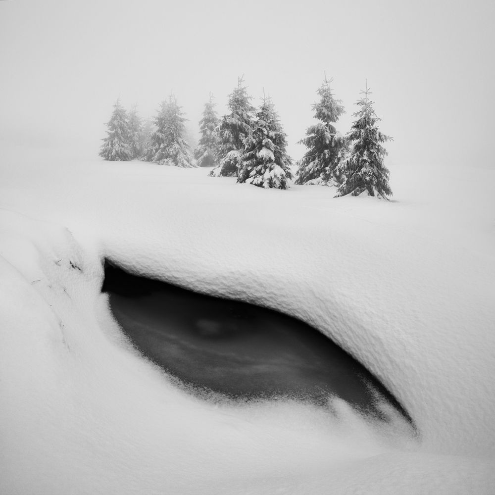 Snowy Ore Mountains in the north of the Czech Republic in frosty and foggy weather.