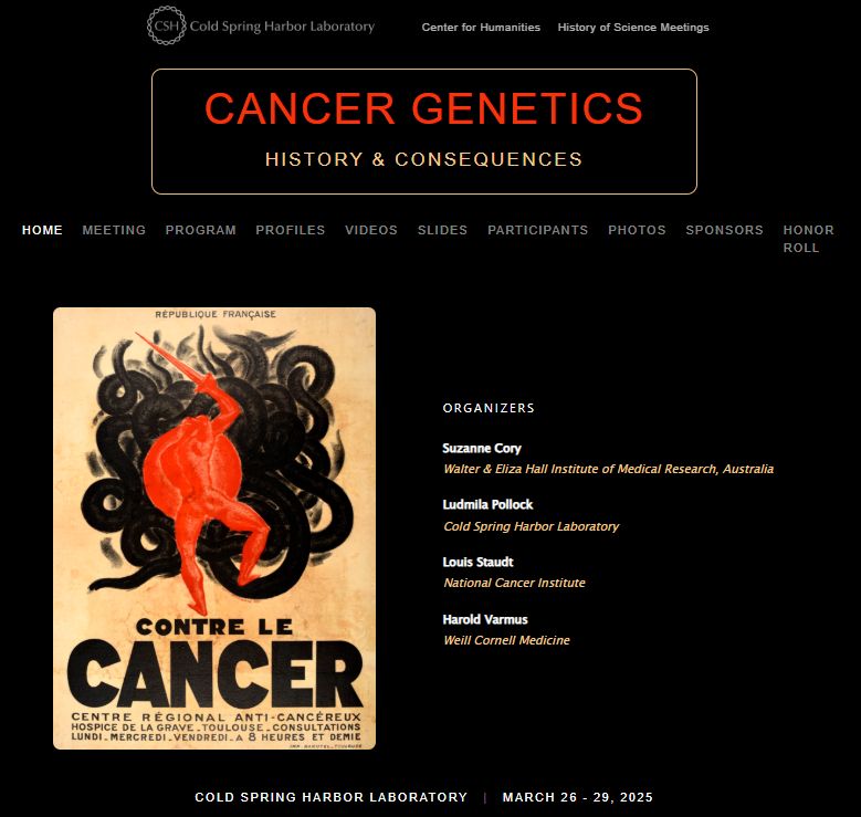 Home page of CSHL's Cancer Genetics: History & Consequences website. White, yellow and red text on black background. 