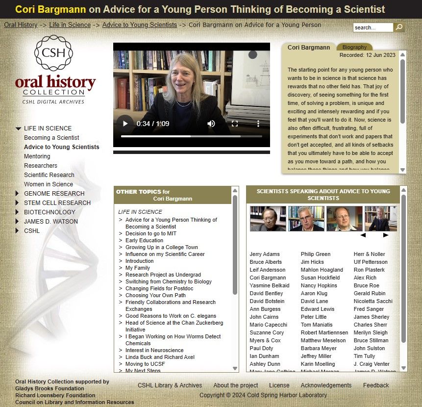 Screenshot of CSHL's oral history website page. The middle of the image shows a window with a video still with the scientist Cori Bargmann. On the right is the interview transcript. 