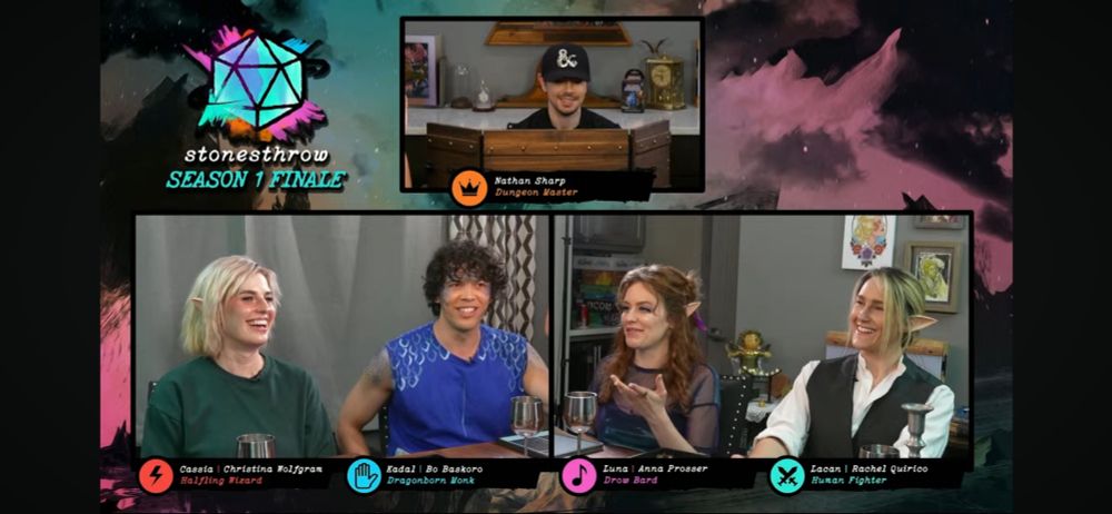 Screenshot of 1 DM and 4 DND players at a table