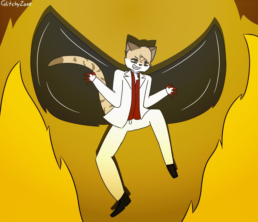 Digital drawing of an anthropomorphic cat with wings on his back, flying over a fiery background with a very evil smile in his face, he looks down at the fire as if he was proud of the destruction he had done

He is dressed quite fancy, with a red dress shirt and a fully white suit jacket and pants, he is wearing black shoes
