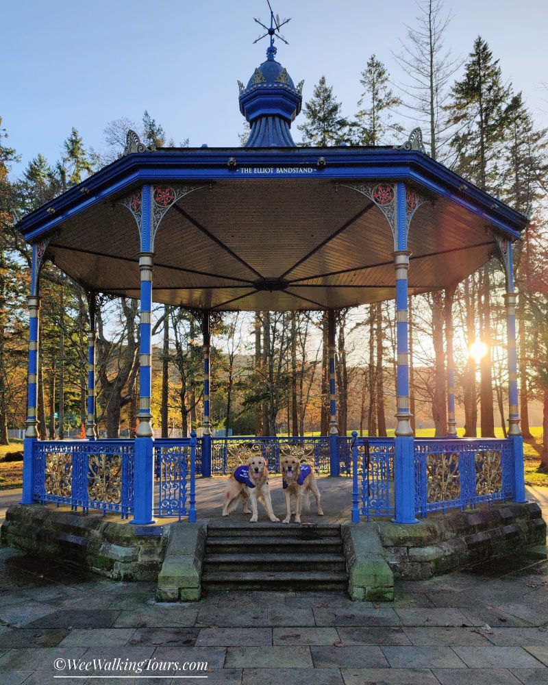 Our intrepid Golden Retriever explorers, Arthur (on the left) and Walter (on the right), pose at the Elliot Bandstand in Wilton Lodge Park in Hawick, Scotland. The bandstand has beautiful blue and gold colours. The setting sun in the background adds a beautiful warm gold hue of its own.