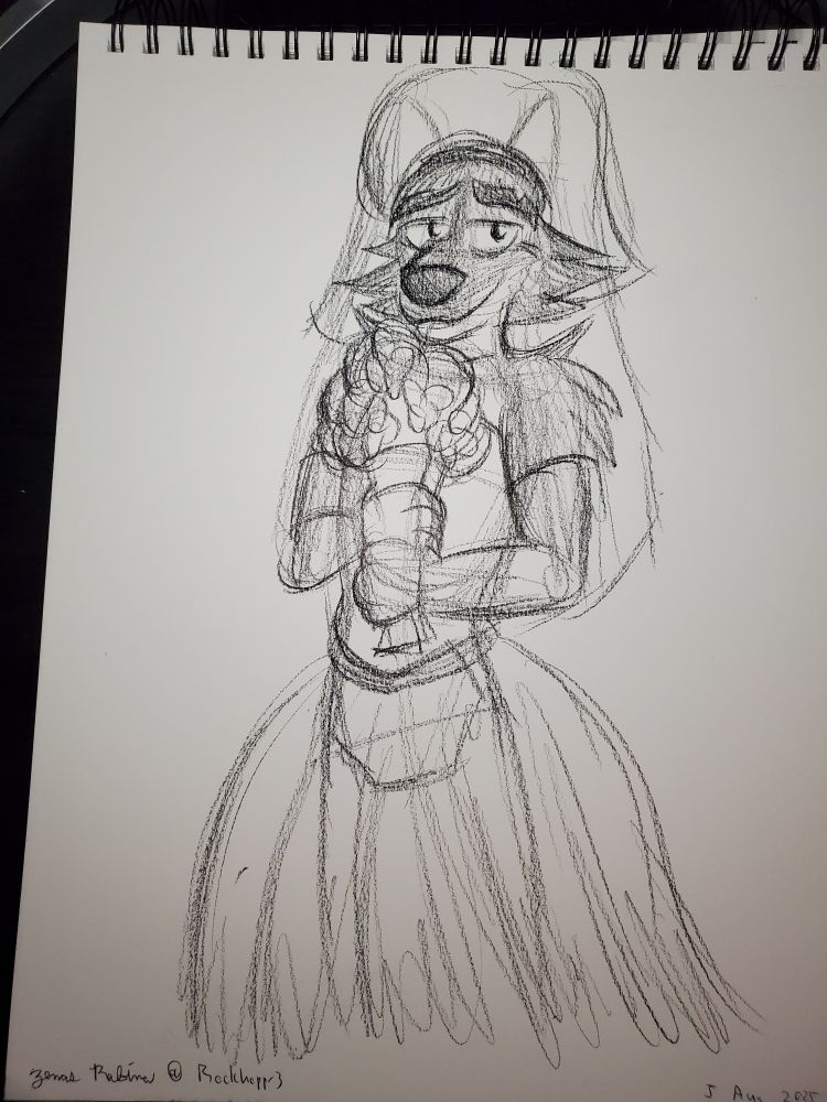 Sketch of Mr Wolf from The Bad Guys in a wedding dress