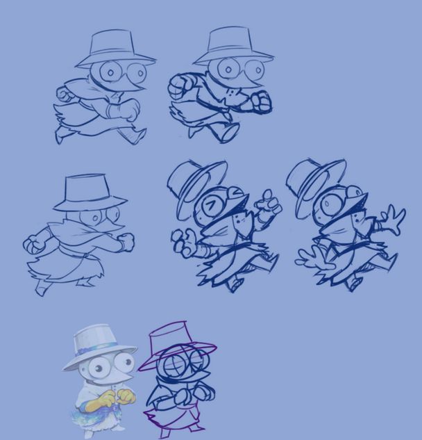 A series of blue lineart illustrations for the Bleacher character from Scrubbin' Trubble in various frames of animation. He is a little guy in a white suit with yellow gloves, a white hat, and large round eyes in a plague doctor style mask.