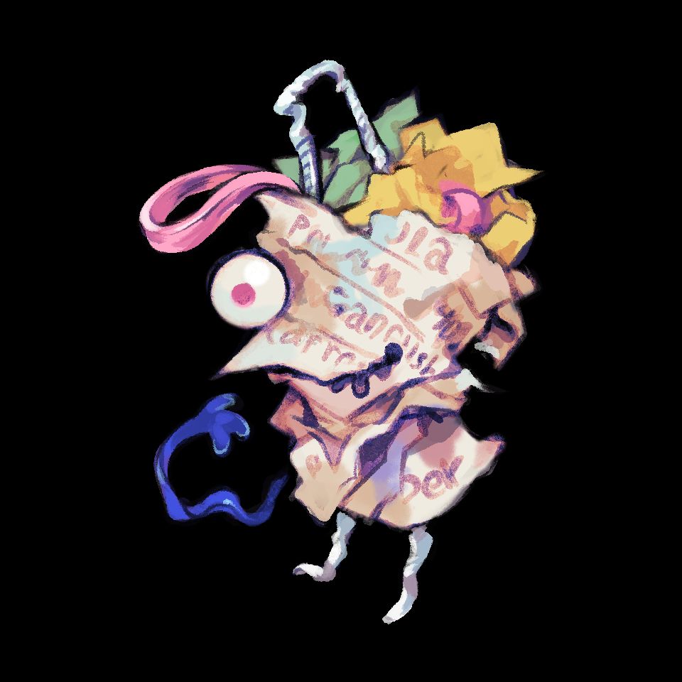 A transparent image of a Trashling from Scrubbin' Trubble, a little gremlin like creature composed of crumpled paper and other bits of garbage with one big bulbous eye.