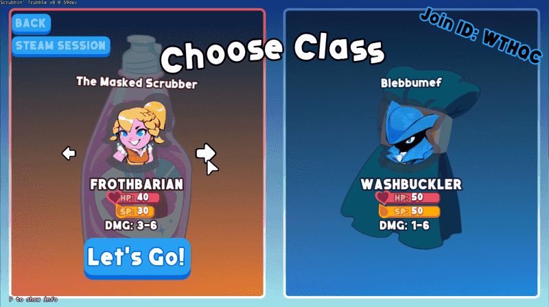 A GIF from the video game Scrubbin' Trubble showing two players selecting their characters and starting a game.