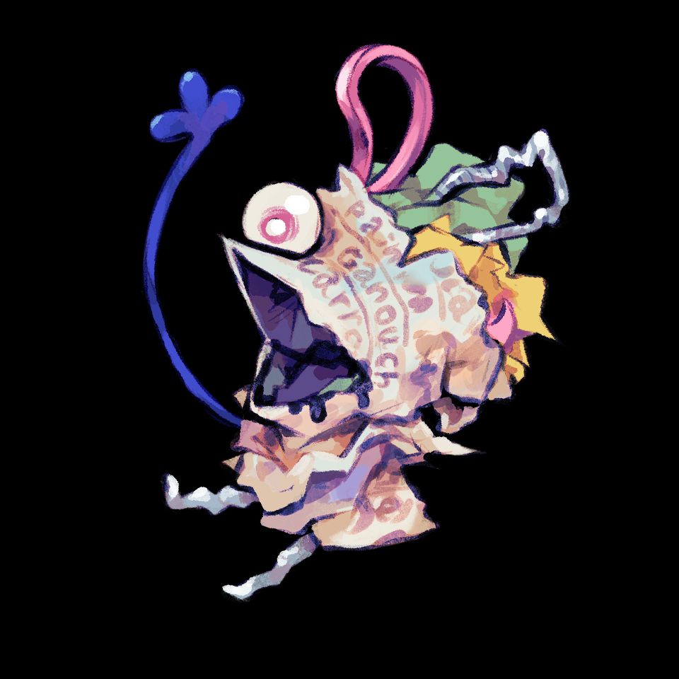 A transparent image of a Trashling from Scrubbin' Trubble, a little gremlin like creature composed of crumpled paper and other bits of garbage with one big bulbous eye. It has its mouth open wide in shock and horror and is recoiling.