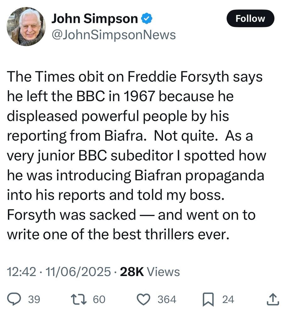 Text of Tweet in which John Simpson says he got Freddie Forsyth sacked from the BBC.