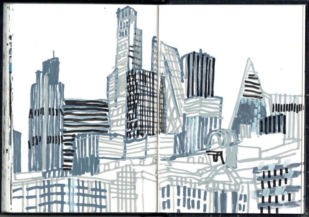An ink drawing of the tower blocks of the City of London.