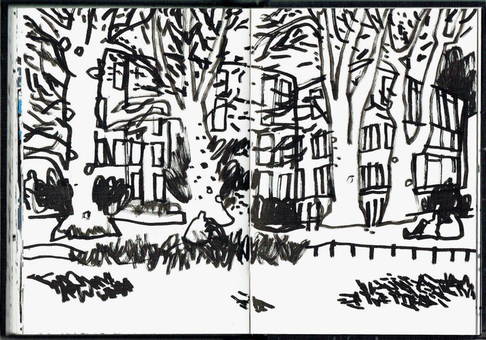 A monochrome ink drawing of trees and buildings in thick black lines.