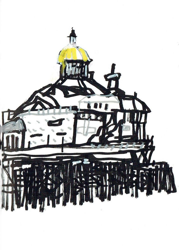 The right hand side of an ink drawing of Eastbourne Pier.