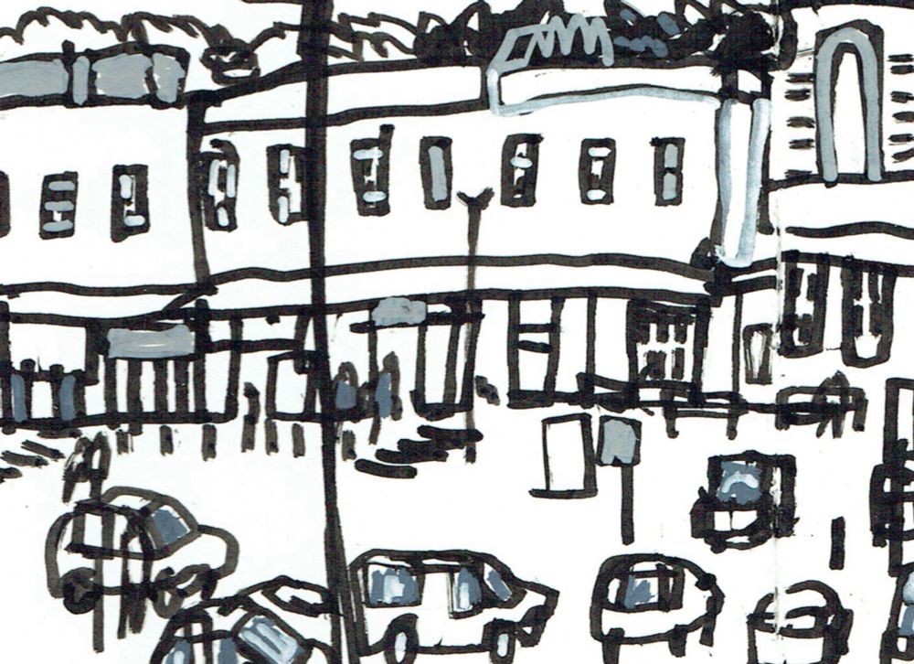 A detail of a drawing in black ink showing a car park in front of a railway station, with a glimpse of Devon’s rolling hills behind. 