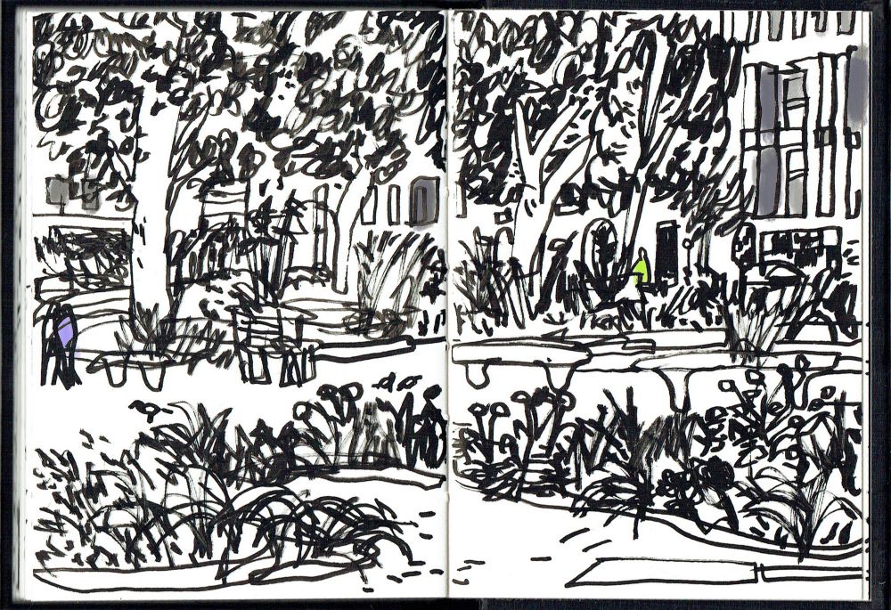 A drawing of a park showing trees and plants with buildings behind.