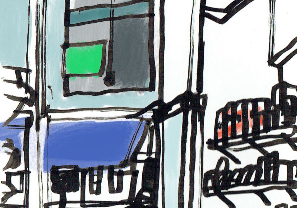 The interior of a grocery shop drawn in thick black ink, showing shelves and a door and looking out onto a city street. 