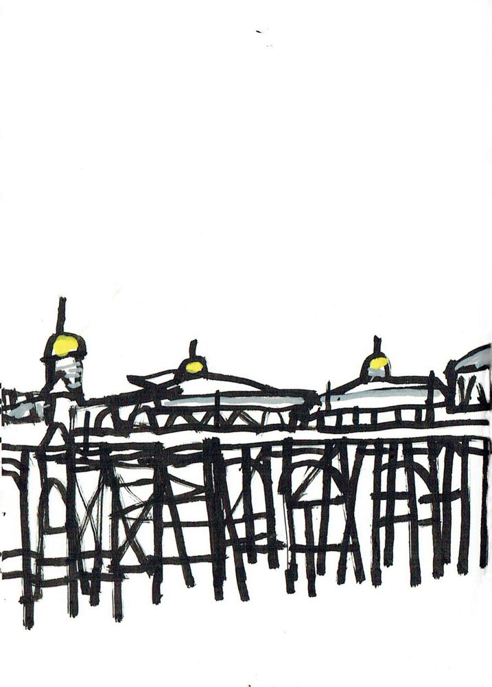 The left hand side of an ink drawing of Eastbourne Pier.