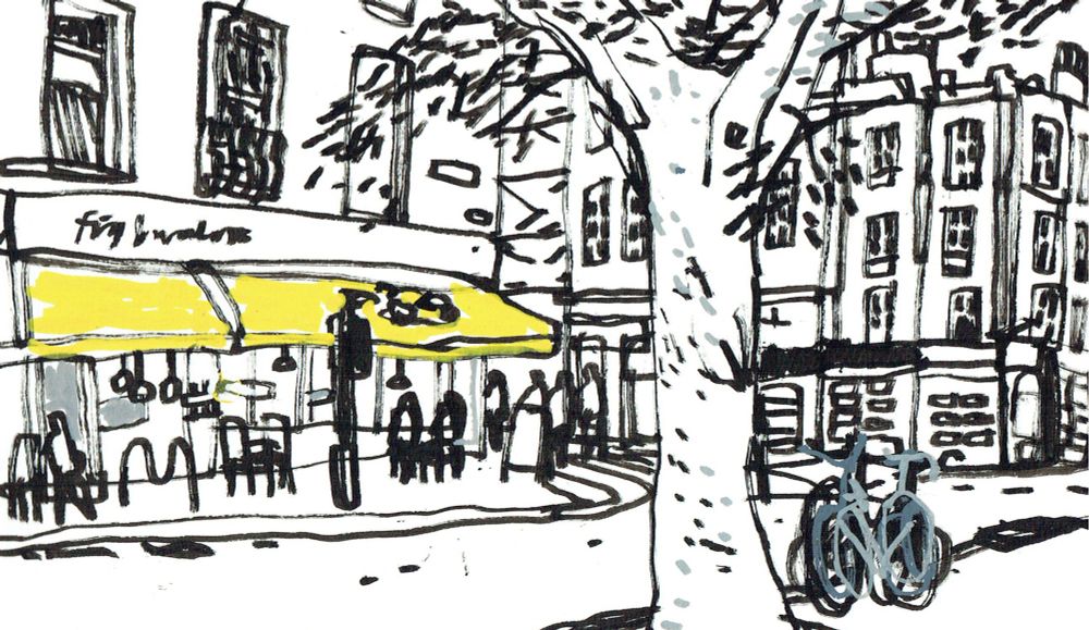 An ink drawing showing a junction with a tree in the foreground and a restaurant with a yellow awning behind.