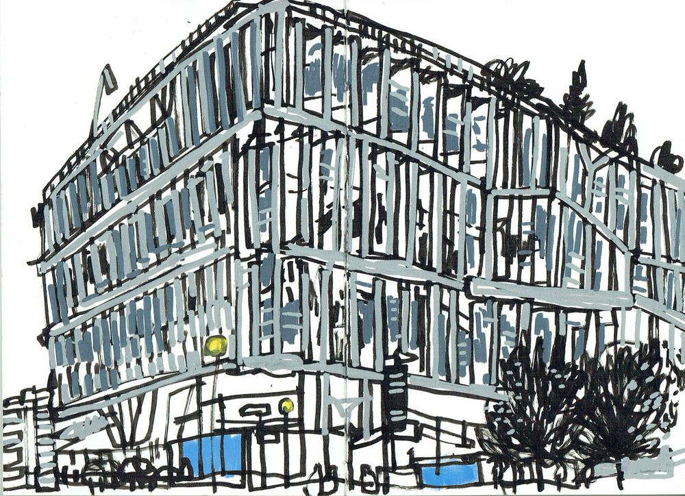 An ink drawing of a modern building with barriers and hoardings and trees at ground level.