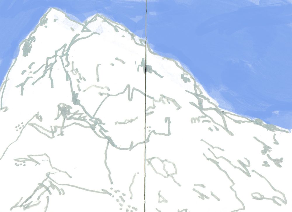 A grey ink drawing of a mountain with a blue sky added digitally.