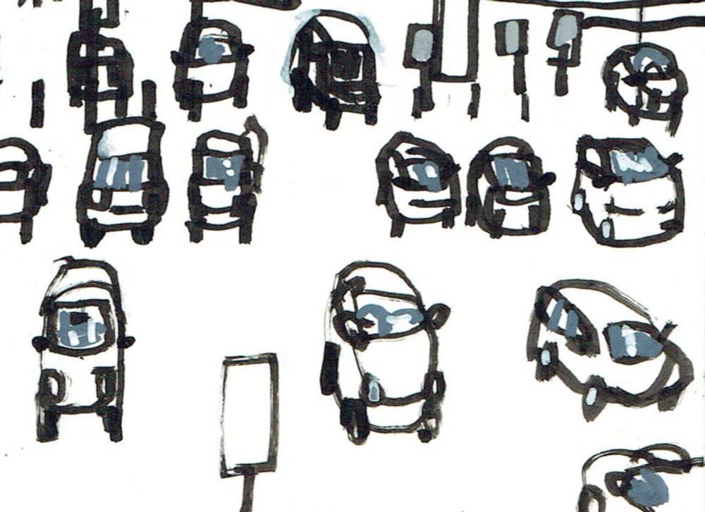 A detail of a drawing in black ink showing a car park in front of a railway station. 
