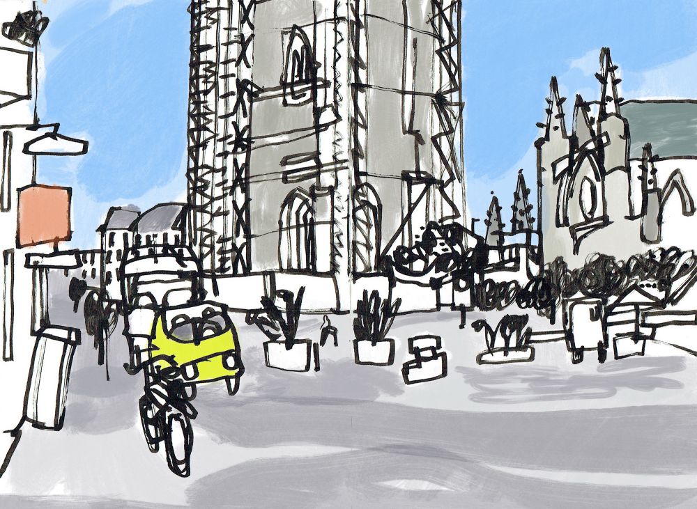 An ink drawing with digital colour of a street scene showing the base of a spire, a basilica and assorted street furniture, including plants, bikes, cars and rubbish bins.