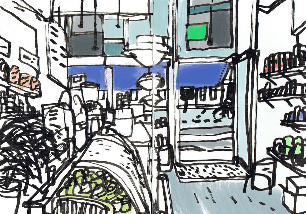 The interior of a grocery shop drawn in thick black ink, showing shelves, a cheese counter and a door and window looking out onto a city street. 