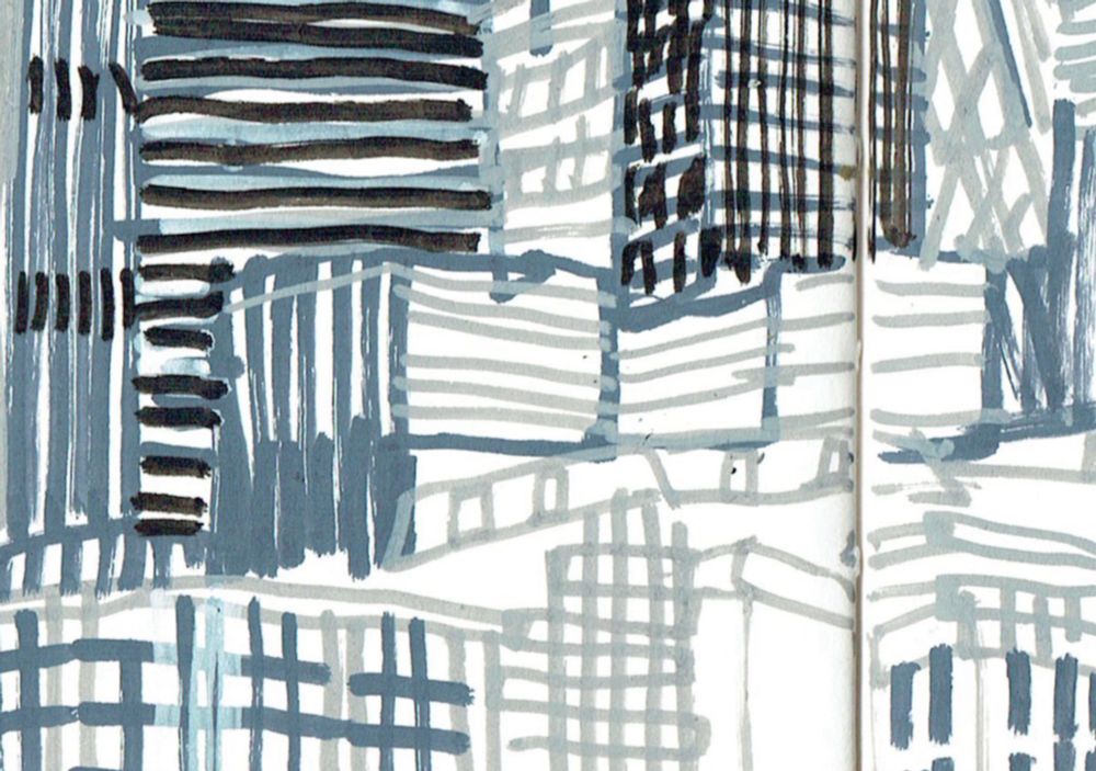 A detail of an ink drawing of the tower blocks of the City of London.