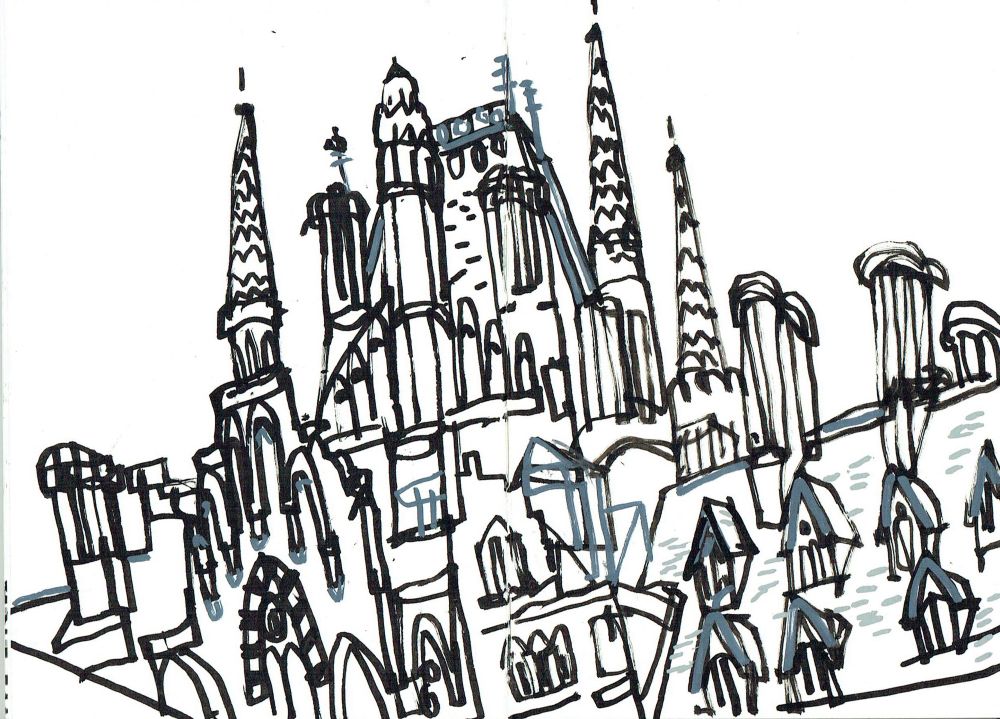 A monochrome drawing of the spires, rooftops and windows of the Victorian St Pancras station building.