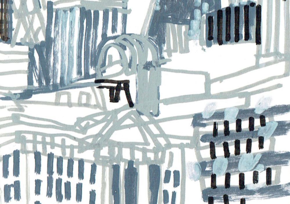 A detail of an ink drawing of the tower blocks of the City of London.