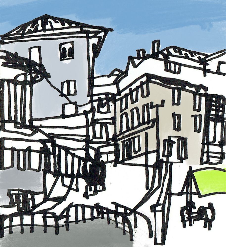 An ink drawing with touches of digital colour of houses and a street in a Spanish town. 
