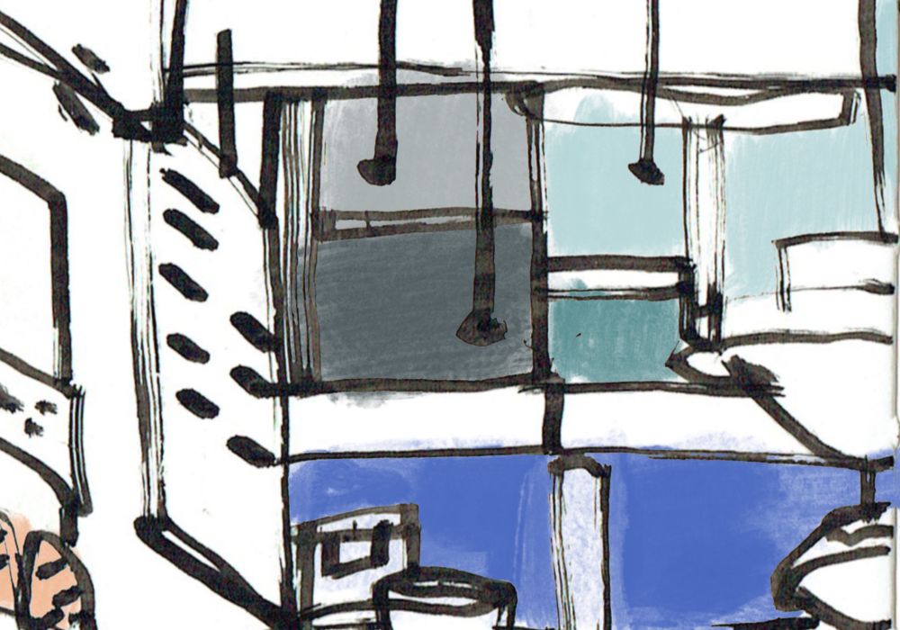A detail of the interior of a grocery shop drawn in thick black ink. 