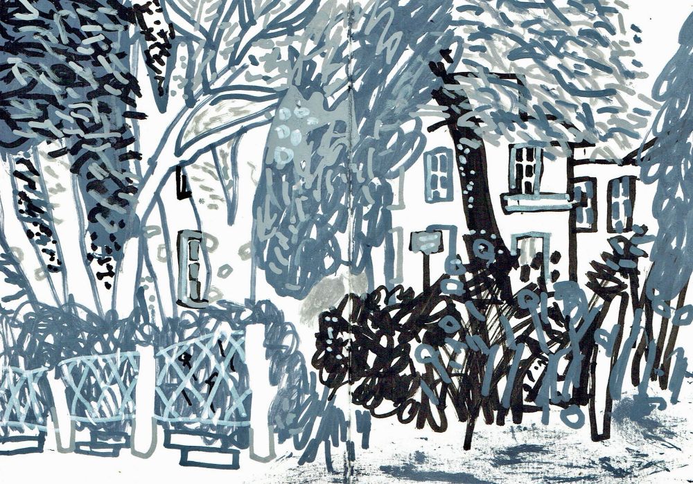 A monochrome drawing of an inner city garden showing trees, a variety of foliage and houses partially visible behind them.