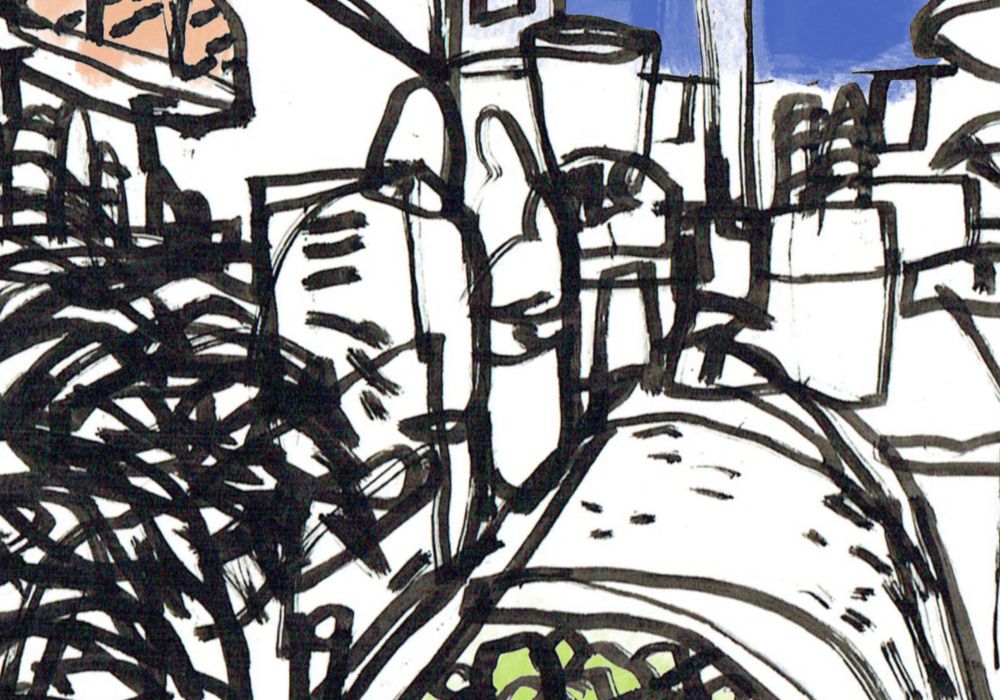 A detail of the interior of a grocery shop drawn in thick black ink, showing shelves, a cheese counter and a window looking out onto a city street. 