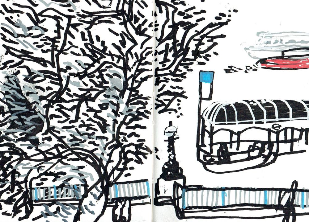 An ink drawing of the River Thames showing trees on the embankment and and a pier and boats on the right.