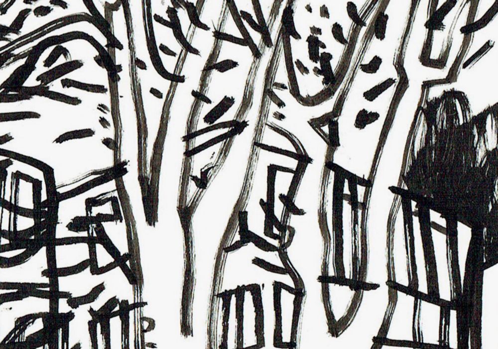 A detail of a monochrome ink drawing of trees and buildings in thick black lines.